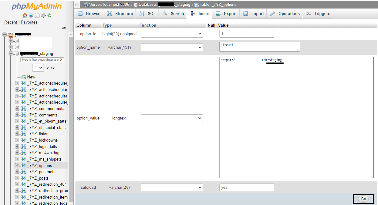 Option inside new database in phpmyadmin_URL change